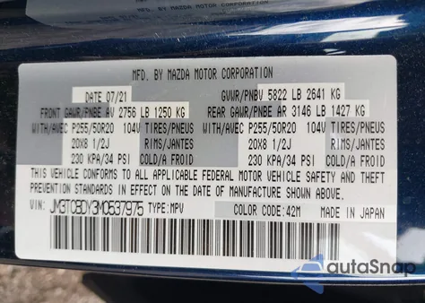 2021 Mazda Cx-9 Grand Touring из США, поврежденный, VIN JM3TCBDY3M0537975